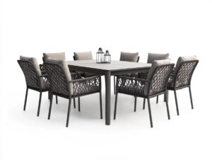 Set da pranzo da esterno 8 posti in alluminio e corda intrecciata per giardino o terrazza