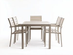 Ensemble table et chaises de jardin en aluminium beige pour terrasse repas extérieur moderne 150x90cm