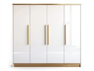Armario de dormitorio blanco y dorado de cuatro puertas estilo moderno con gran capacidad 200x60x220cm madera y metal CQ0164648