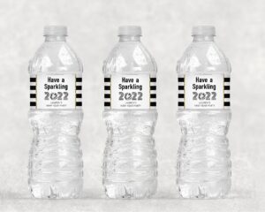 New Year Water Bottle Labels Sparkling Gold Black Set of 10
