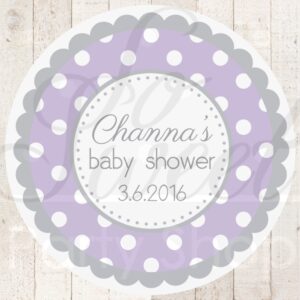 girl's baby shower favor sticker labels purple and gray polka dot